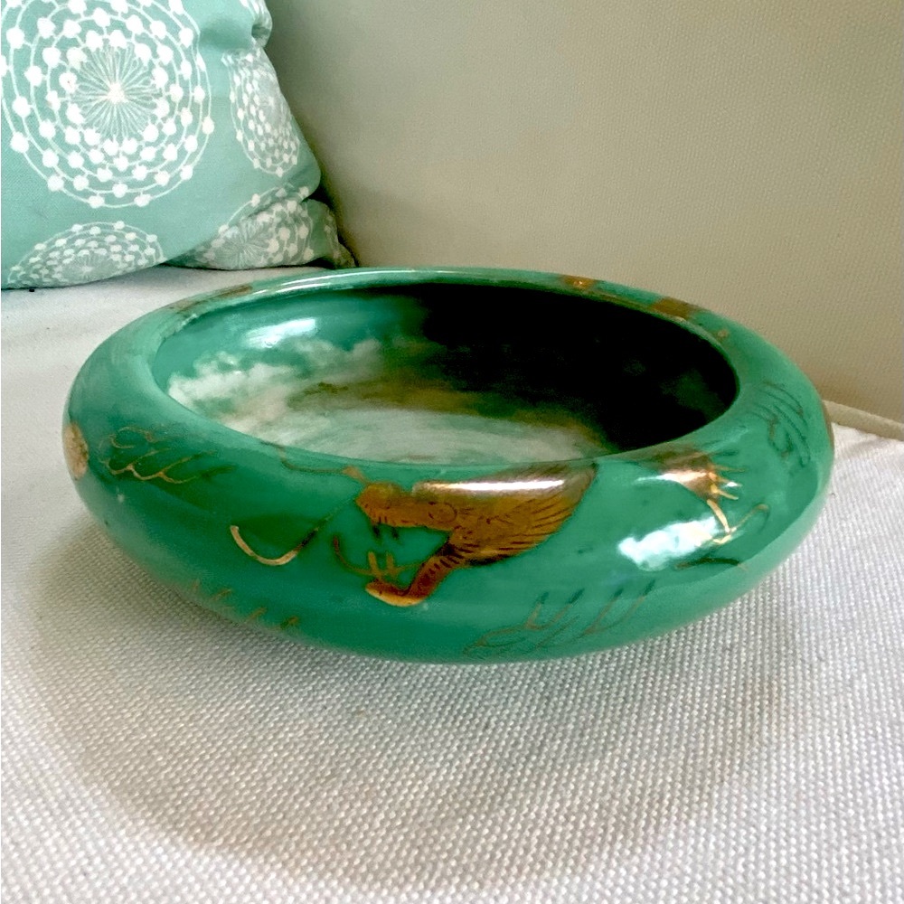 Vintage Bonsai Tree Japanese Green Pot Planter Gold Dragon Serpent Made in Japan